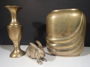 Two Vintage Brass Vases And A Brass Bunny