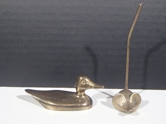 Vintage Solid Brass Duck And Hollow Mouse