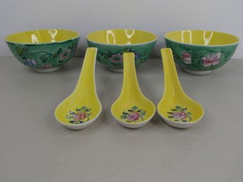 Three Vintage Soup / Rice Bowls With Matching Spoons