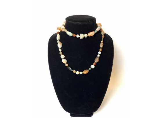 Earthy Semi-precious Stones With Brass Spacers Long Necklace