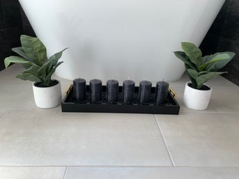 Candle Tray And Two Faux Plants