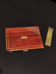Colibri Gold Tone And Wood Grain Panel Cigarette Case With Matching Lighter That Fits Inside - Inscribed Wade