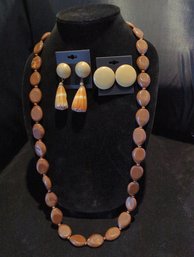 Natural Neutrals  Jewelry Set Polished Wood Button Earrings With Drop Shells, Strand Of Brown Swirled Beads