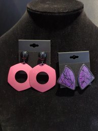 Two Pairs Vintage 1980s Pierced Earrings Black Bezel With Pink Enameled Hoops And Metal Triangles With Purple