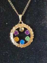 Necklace With Six Color Rhinestone Circle Pendant - Marked Anson -  Green Stone Is Uranium Glass UV Reactive