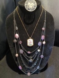Multi-strand Necklace With Pink And Purple Plastic Beads, Floral Enamel Necklace, Lucite Intaglio Pin