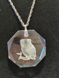 Necklace With Glass Owl Pendant - 1.75' - Light Damage To One Back Corner - 1' Rhinestone Brooch Pin