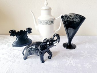 BLACK AND WHITE LOT -4 PC GLASS AND PORCELAIN