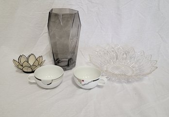 Rombic Style Glass Vase, Glass Petal Bowl, Pair 90s Graphics Cups, Capiz Candle