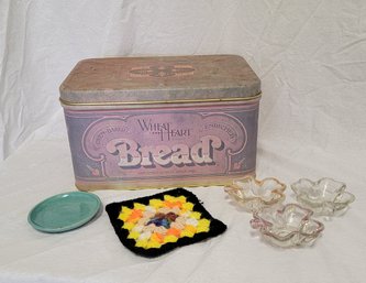 Vintage Style Bread Tin,  Pottery Saucer, Shamrock Candle And Vtg Hot Pad