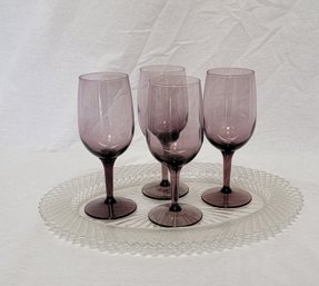 Miss America Depression Glass Platter, 4 Pc Purple Stemmed Glasses