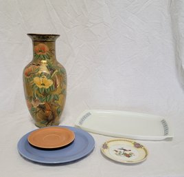 Asian Style Bird Vase,  English Milk Glass Platter,  Hollywood Craftsman Pottery Plate & Saucer, Bird Saucer