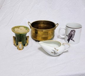 Porcelain Frog Planter, Brass Planter, Owl Mug, Wheat Creamer