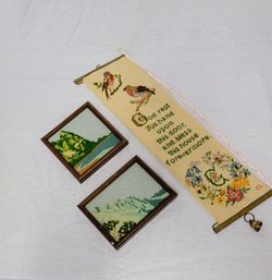 Vintage Embroidery: Two Mountain Scenes And Bird Themed Door Hanger