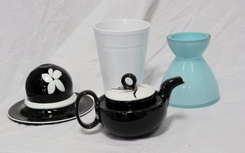 Glass Hat Vase,  Black And White Teapot, At Light Blue Glass Vase, White 6' Tall Planter