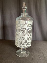 Tall Glass Apothecary Jar With White Pattern And Lid