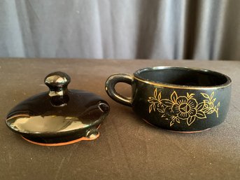 Small Redware Covered Tea Cup With Lid - Approx 3' Across, Black Enamel With Gold Design
