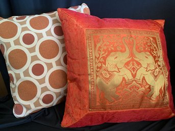 2 Boho Decor Pillows - Orange And Red Circles With Orange Elephant Pillow