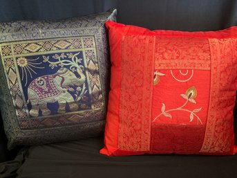 2 Boho Decor Pillows - Red Floral Patchwork Pillow With Gold Embroidery And Navy Blue Elephant