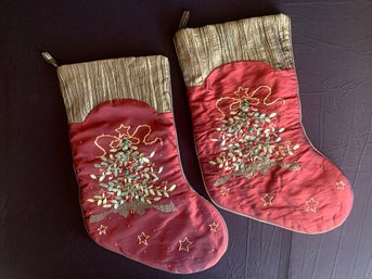 2 Vintage Red And Green Ribbon Embroidery With Bells Christmas Stockings
