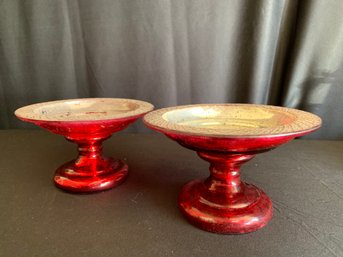 2 Red Mercury Glass Candle Risers