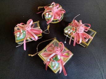 4 Various Shaped Mirrored Glass Package Ornaments With Ribbon And Pink Mistletoe