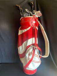 Set Of Vintage Golf Clubs With Solid Gold Club -  In Red And White Candy Stripe Bag