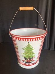 Large Metal Christmas Themed Decor Wooden Handle Bucket