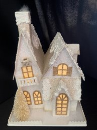 Double Chalet LIGHTED  - 12'  Extra Large Putz Style Christmas House  Pier 1 With Cream Color Bottle Trees