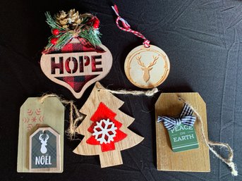 Five Pieces Of Vintage Wooden Christmas Tag Style Ornaments