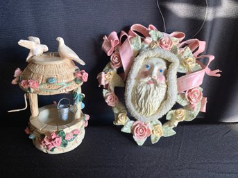 Two Pastel Christmas Faux Resin Ornaments, Santa In A Reef And Doves At Well
