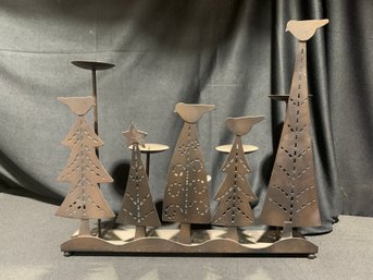 Metal Christmas Tree Themed Candle Riser With Tree Cut Out And Bird Design. 16 In Wide 13 In Tall