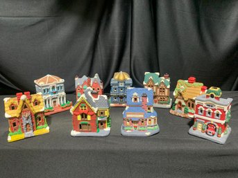 9 Piece TINY TOWN Mini PAINTED PORCELAIN  Town Christmas Village Set. Nine Different Houses. Average Size Is 5