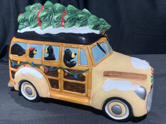 BEARFOOTS BY JEFF FLEMING Christmas Bears In The Christmas Woody Wagon COOKIE JAR NEW AND UNUSED IN ITS ORIGIN