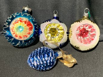 BLUE 4 Vintage Blown Glass Ornaments Largest One Marked Made In West Germany 3 In, Other Three Have No Marking