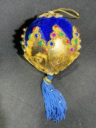 3 AND 1/2-IN VINTAGE BLUE VELOR AND GOLD CHRISTMAS BULB WITH COLORFUL GEMS