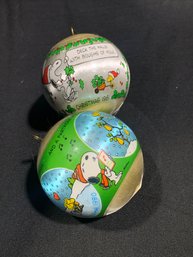 TWO 3-IN SILKY VINTAGE SNOOPY CHRISTMAS 1980 1981 CHRISTMAS BULB ORNAMENTS