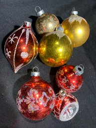 LOT OF 7 SMALL VINTAGE MERCURY GLASS ORNAMENTS MARKED RAUCH  AND SHINY BRITE