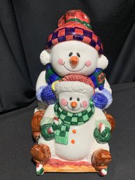 Giant Two Snowmen On A Sled Porcelain Painted COOKIE JAR 12 In Tall And 10 In Long
