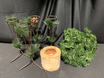 Metal Candleholders With Artificial Greenery And Battery Operated Candle
