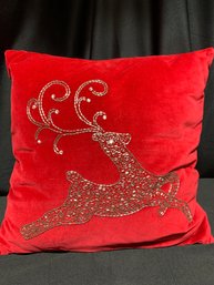 Festive Red Pillow With Beaded Reindeer Design