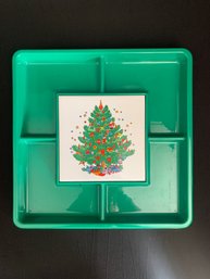Vintage Plastic Christmas Tree Serving Tray With Ceramic Tile - 12 In. X 12 In