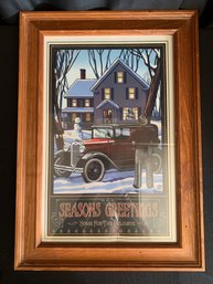 Seasons Greetings Old Car In Wood Frame Print
