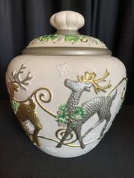 Vintage White Reindeer Themed Cookie Jar- 10 In Tall
