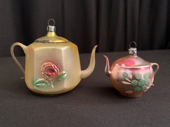 Two Antique Blown Glass Ornament Teapots - Yellow One Is 3 In Tall Pink One Is 1.5 In Tall