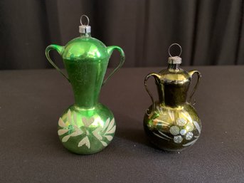 Two Blown Glass Teapot Ornaments - Larger Bright Green Is 4 In Tall Smaller Olive Is 3 In Tall