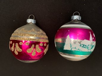 Two Blown Glass Shiny Brite Ornaments, Pink And Green Winter Scene And Gold Sparkle