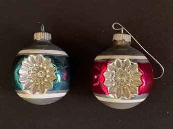 Two Blown Glass Shiny Brite Ornaments - Pink And Blue Starburst 2-in Ornaments