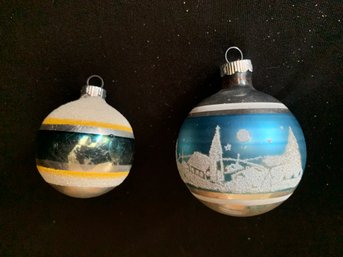 Two Blown Glass Shiny Brite Ornaments - Blue Bulb With Winter Scene And Blue And Yellow Stripes