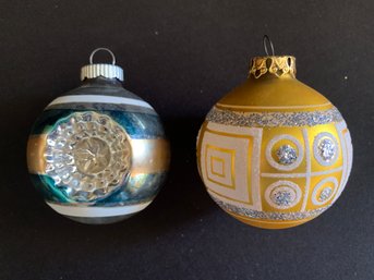 Two Blown Glass Shiny Brite Ornaments - Blue And Gold Stripe With Starburst And Funky '60s Gold With Geometric